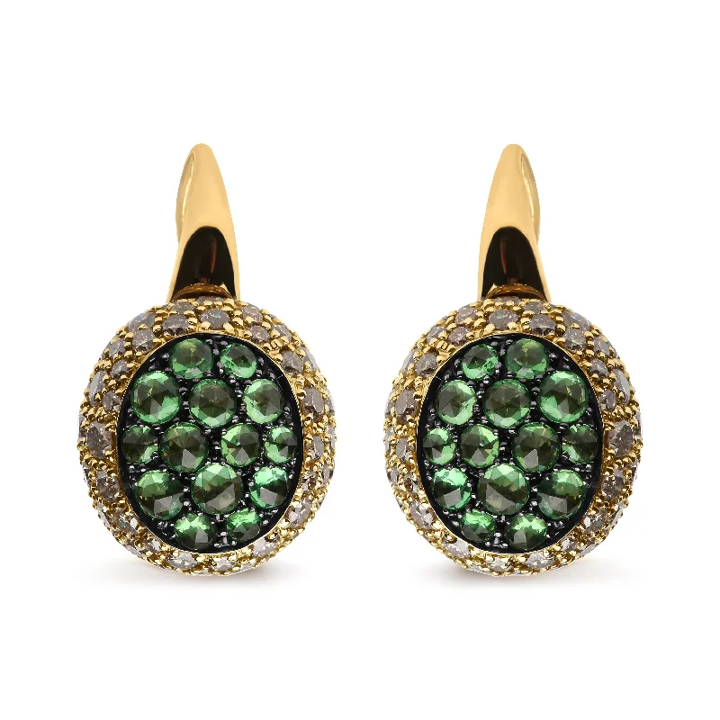 Stunning Jewelry At A Fraction Of The Price 18K Yellow Gold 3 1/2 Cttw Diamond and Round Green Tsavorite Gemstone Round Domed Drop Hoop Earrings
