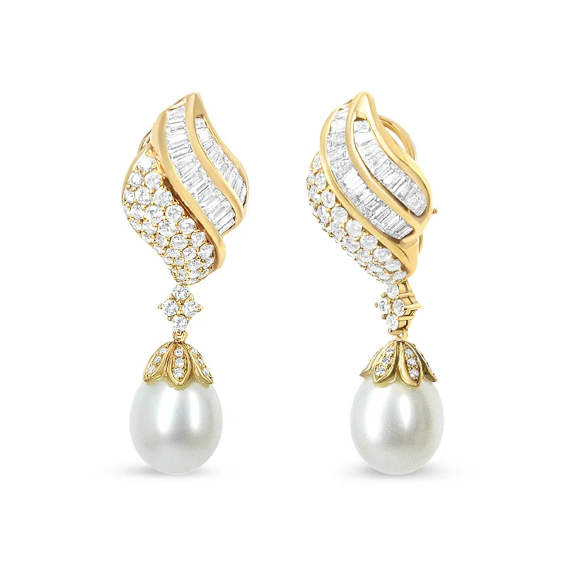 Stunning Jewelry At A Fraction Of The Price 18k Yellow Gold 7.0 Cttw Baguette and Round Diamond South Sea Pearl Drop Dangle Clip-On Earrings