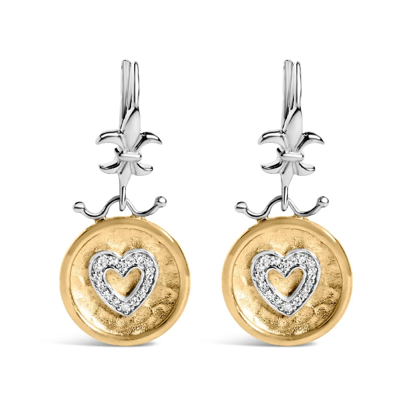 Elevate Your Jewelry Collection With Limited-Time Savings 18K Yellow Gold Plated .925 Sterling Silver 1/8 Cttw Diamond Hammered Finished Medallion Heart Drop and Dangle Earrings