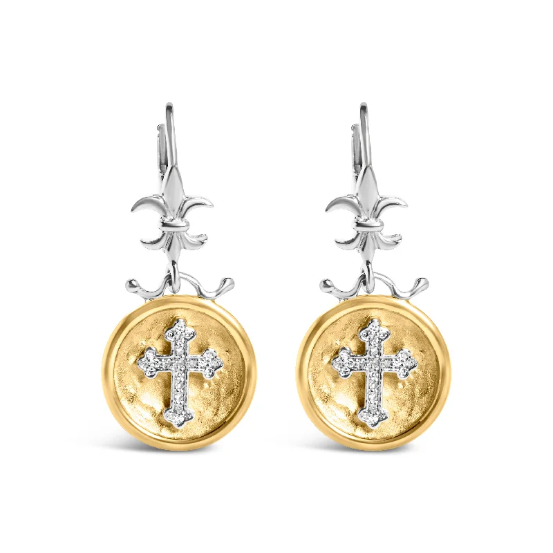 Timeless Jewelry At Special Discount Rates 18K Yellow Gold Plated .925 Sterling Silver 1/8 Cttw Diamond Hammered Finished Medallion with Cross Drop and Dangle Earrings