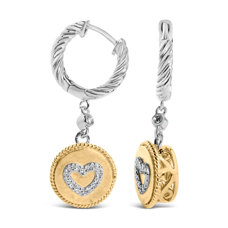 Luxury Handcrafted Jewelry For Elegant Looks 18K Yellow Gold Plated .925 Sterling Silver 1/8 Cttw Diamond Heart Medallion Drop and Dangle Earring