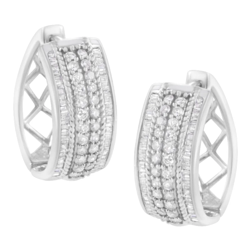 Last Chance To Shop High-End Jewelry At Markdown Prices .925 Sterling Silver 1.0 Cttw Round and Baguette-Cut Diamond Hoop Earring