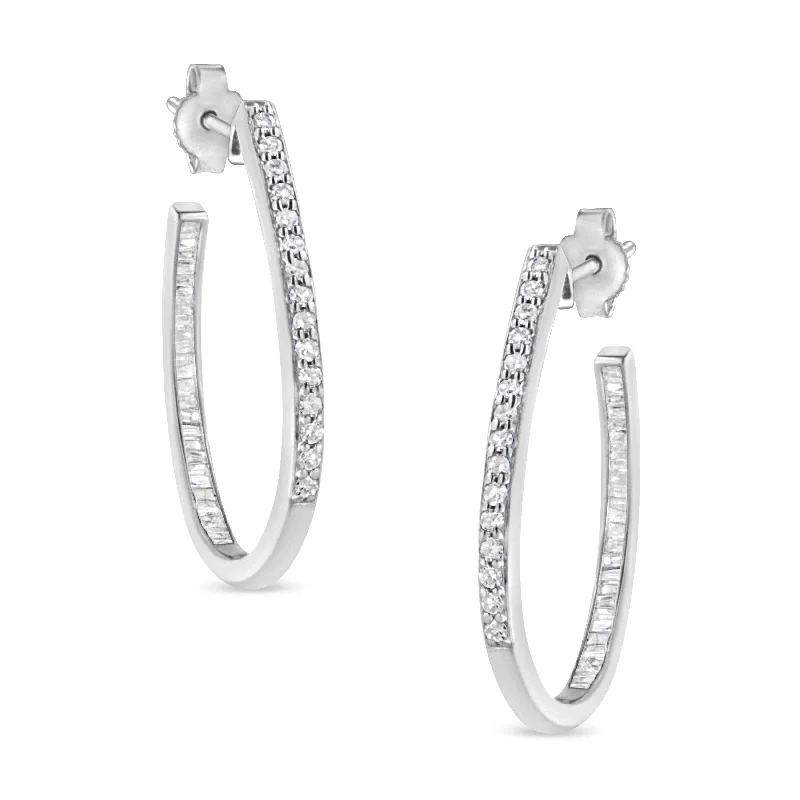 Shop Dazzling Jewelry At The Best Prices .925 Sterling Silver 1/2 Cttw Round and Baguette-Cut Diamond Inside-Outside Hoop Earrings