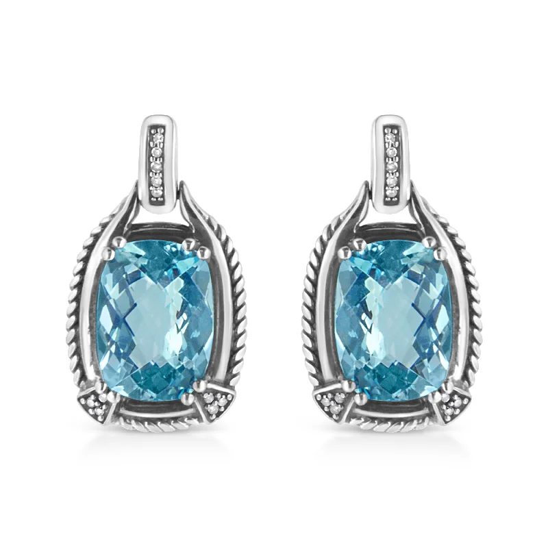 Chic, Trendy, And Affordable Jewelry Sale .925 Sterling Silver 14x10MM Cushion Cut Blue Topaz Gemstone and Diamond Accent Dangle Earring