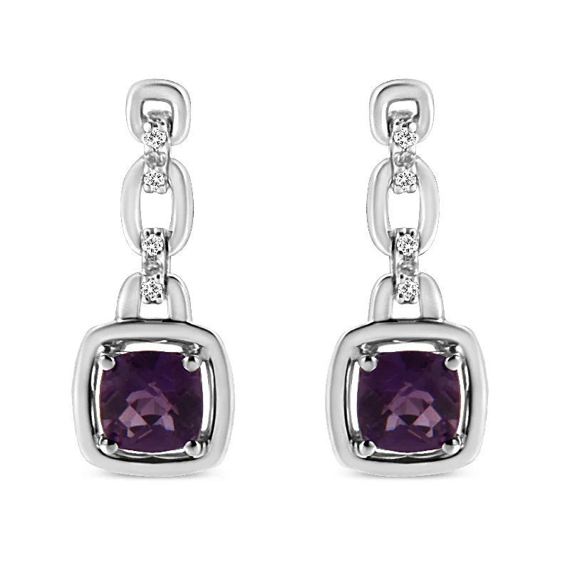 Big Discounts On Elegant Jewelry Collections .925 Sterling Silver 6x6MM Cushion Shaped Natural Purple Amethyst and Diamond Accent Drop and Dangle Earrings