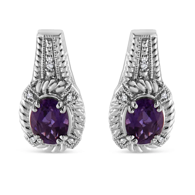 Shop Handcrafted Jewelry At Special Promotional Rates .925 Sterling Silver 8x6 MM Natural Oval Purple Amethyst Gemstone and Diamond Accent Art Deco Style Drop and Dangle Earrings
