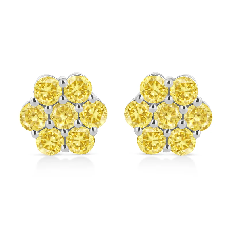 High-Quality Jewelry At A Fraction Of The Cost .925 Sterling Silver  Prong Set Round-Cut Treated Colored Diamond Floral Cluster Stud Earring