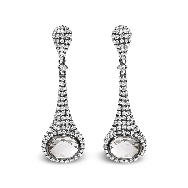 Jewelry Deals That Outshine The Rest Black Rhodium Plated 18K White Gold 1 3/8 Cttw Round Pave Diamonds and 8x6mm Oval White Quartz Gemstone Sculptural Drop and Dangle Earrings