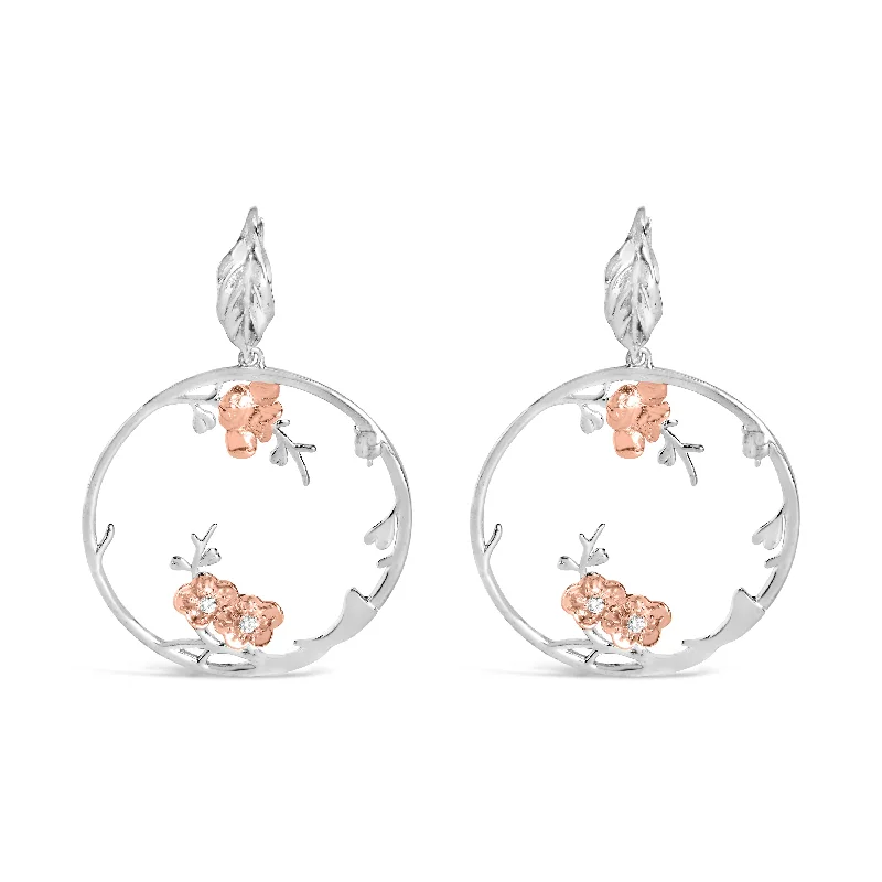Shop Stylish Jewelry Now And Save Big Rose Gold Plated .925 Sterling Silver 1/10 Cttw Diamond Floral Hoop Earrings