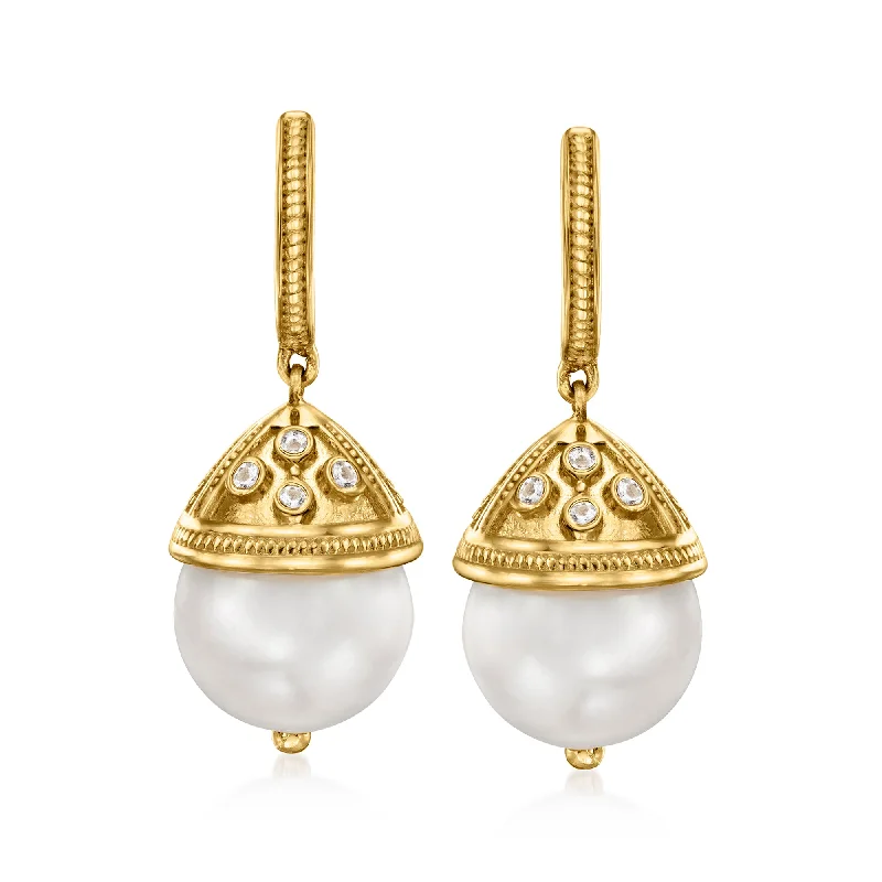 Last Chance To Shop High-End Jewelry At Markdown Prices Ross-Simons 11-11.5mm Cultured Pearl and . White Topaz Hoop Drop Earrings in 18kt Gold Over Sterling