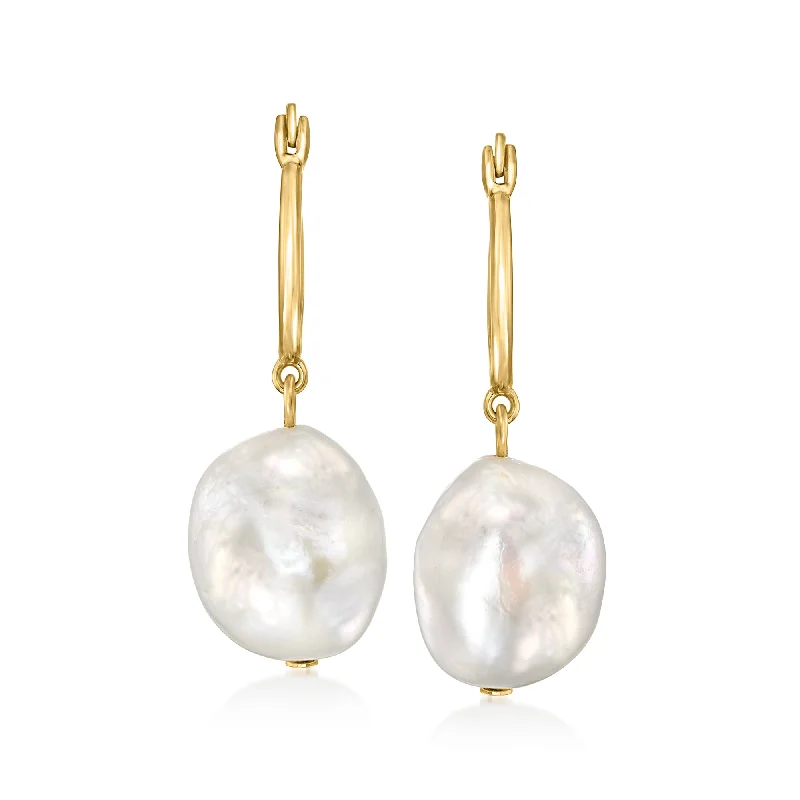 Don't Miss Out On Jaw-Dropping Jewelry Discounts Ross-Simons 12-13mm Cultured Pearl Hoop Drop Earrings in 18kt Gold Over Sterling