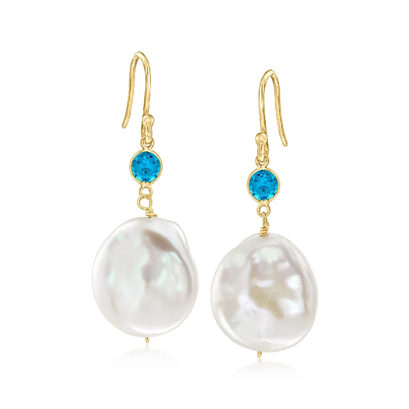Breathtaking Jewelry At Limited-Time Savings Ross-Simons 14-17mm Cultured Coin Pearl and . Swiss Blue Topaz Drop Earrings in 18kt Gold Over Sterling