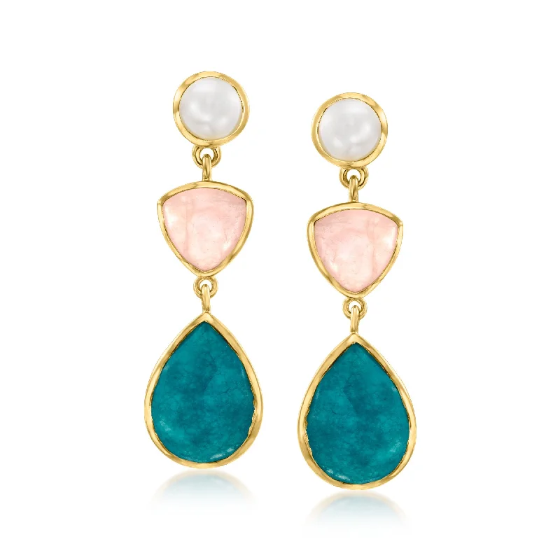 Timeless Elegance, Temporary Discounts – Act Fast Ross-Simons 6mm Cultured Pearl and Rose and Green Quartz Drop Earrings in 18kt Gold Over Sterling