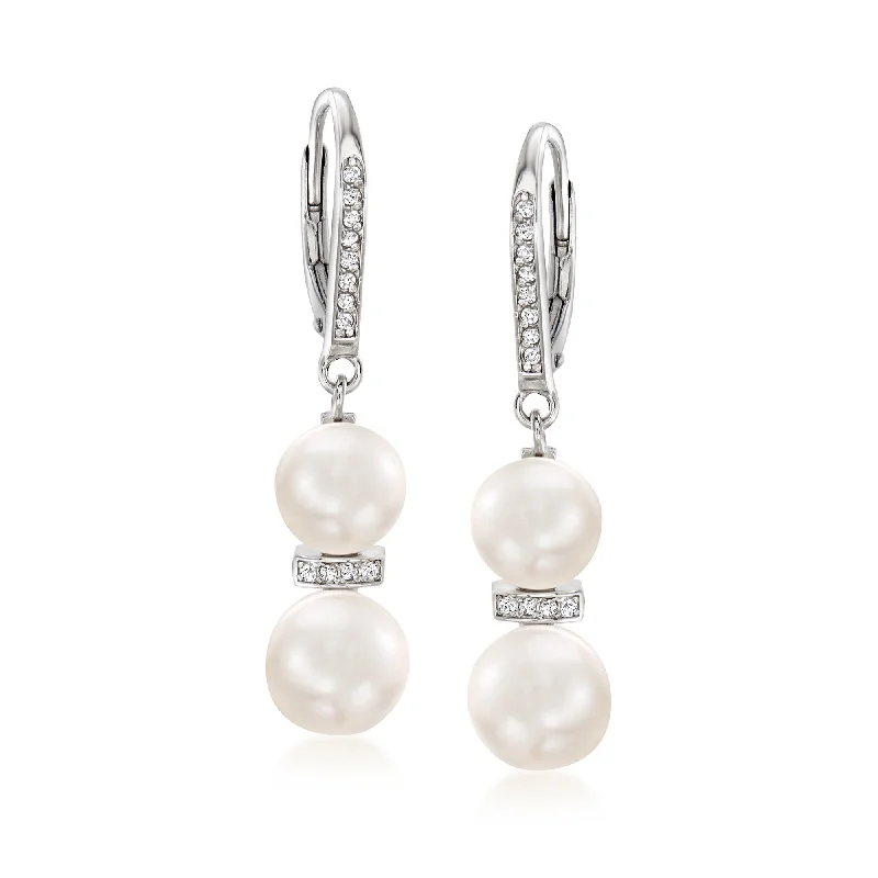 Grab Exquisite Jewelry At The Lowest Prices Ross-Simons 7.5-9mm Cultured Pearl and . Diamond Drop Earrings in Sterling Silver