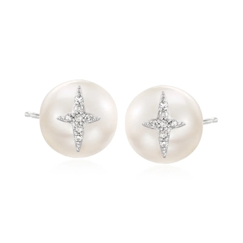 Timeless Jewelry At Special Discount Rates Ross-Simons 8.5-9mm Cultured Pearl and Diamond-Accented Signature Earrings in Sterling Silver