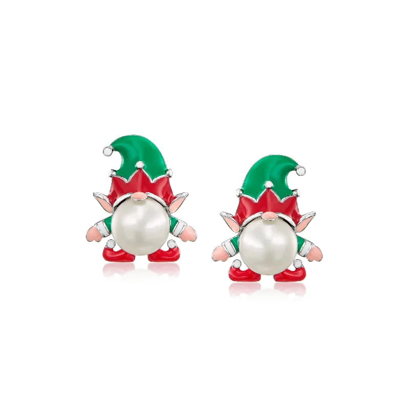 Fine Jewelry, Limited-Time Offers Available Ross-Simons 8-8.5mm Cultured Pearl and Multicolored Enamel Elf Gnome Earrings in Sterling Silver