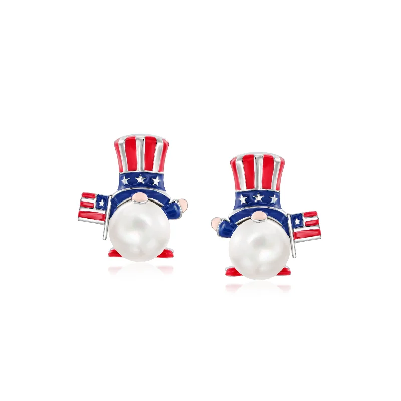 Elegant Jewelry Styles At Budget-Friendly Prices Ross-Simons 8-8.5mm Cultured Pearl and Multicolored Enamel Patriotic Gnome Earrings in Sterling Silver