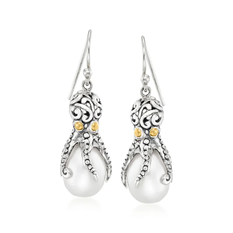 The Perfect Jewelry Piece At The Perfect Discount Ross-Simons 9-9.5mm Cultured Pearl Bali-Style Octopus Drop Earrings in Sterling Silver and 18kt Yellow Gold