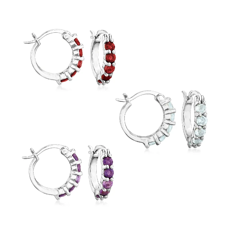 Elegant Necklaces And Bracelets At Limited-Time Offers Ross-Simons Amethyst, Garnet and Blue Topaz Jewelry Set: 3 Pairs Of Huggie Hoop Earrings in Sterling Silver