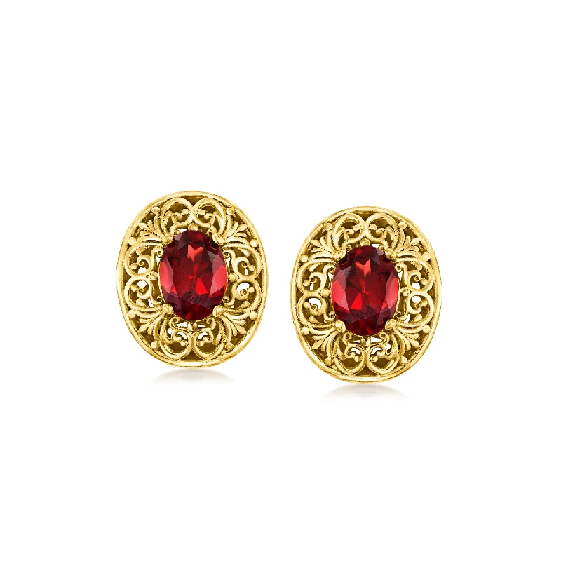 Chic, Trendy, And Affordable Jewelry Sale Ross-Simons Garnet Scrollwork Earrings in 18kt Gold Over Sterling