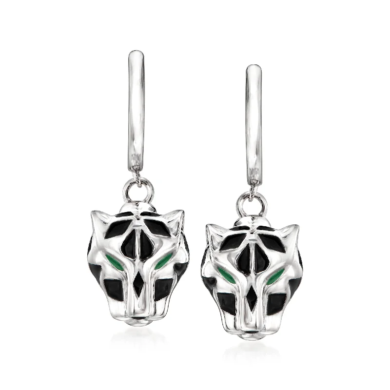 Upgrade Your Jewelry Collection For Less Ross-Simons Italian Black and Green Enamel Panther Head Drop Earrings in Sterling Silver