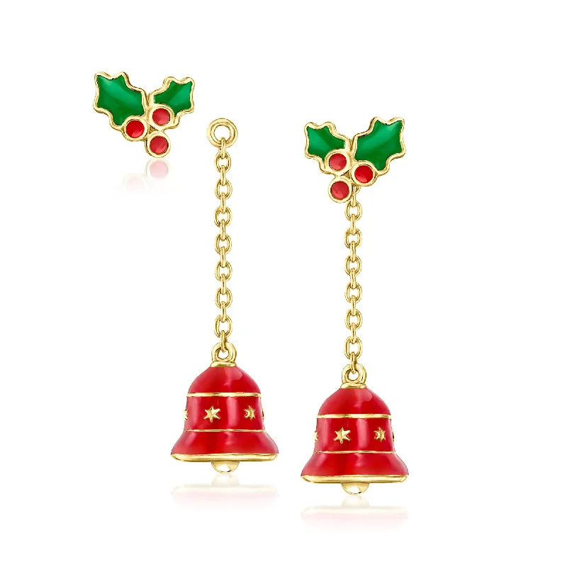 Elegant Designs, Unbeatable Discounts – Shop Jewelry Now Ross-Simons Multicolored Enamel Holly and Bell Convertible Drop Earrings in 18kt Gold Over Sterling