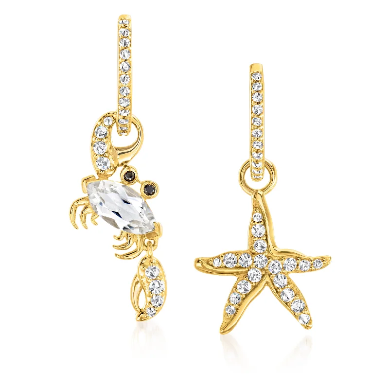 Shop Fine Jewelry With Amazing Deals Ross-Simons White Topaz Starfish and Crab Mismatched Drop Earrings With Black Spinel Accents in 18kt Gold Over Sterling