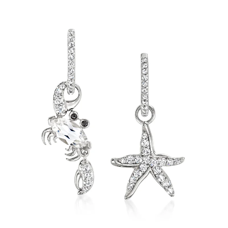 Exclusive Jewelry Markdowns – Limited-Time Offer Ross-Simons White Topaz Starfish and Crab Mismatched Drop Earrings With Black Spinel Accents in Sterling Silver