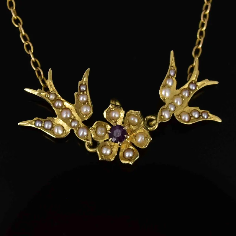 14K Gold Edwardian Amethyst Seed Pearl Swallow Bird Necklace