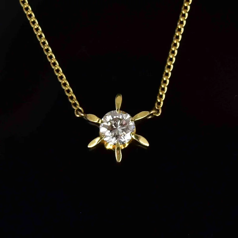 18K Gold Starburst Diamond Solitaire Pendant Necklace