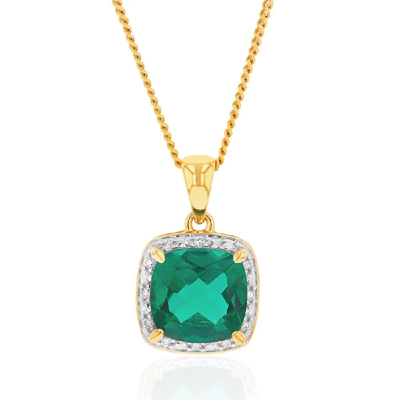 Grab Exquisite Jewelry At The Lowest Prices 9ct Yellow Gold 8mm Created Emerald and Diamond Cushion Cut Pendant