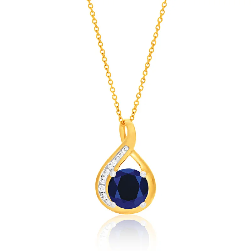 Jewelry Clearance Sale – Final Reductions 9ct Yellow Gold Created Blue Sapphire and Zirconia Pendant With 45cm Chain