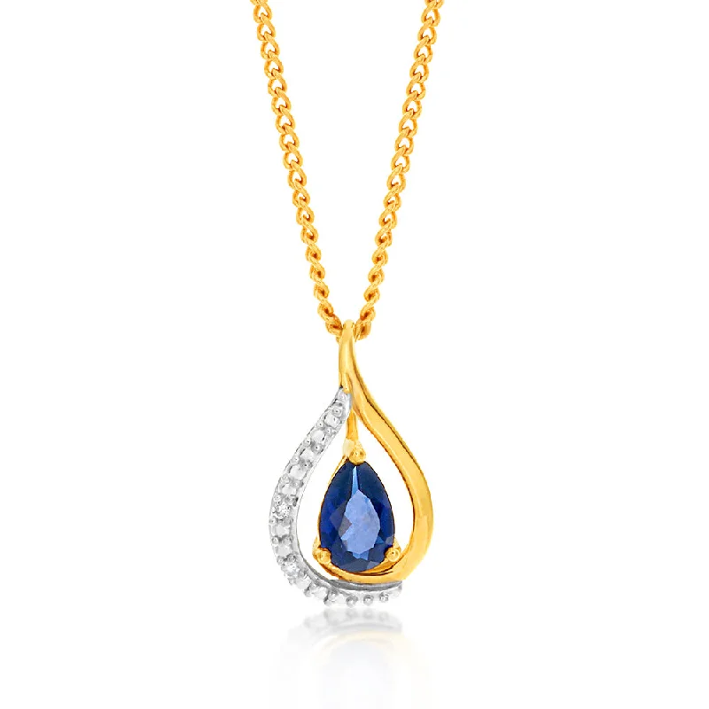 High-Quality Jewelry At A Fraction Of The Cost 9ct Yellow Gold Created Sapphire and Diamond Pendant