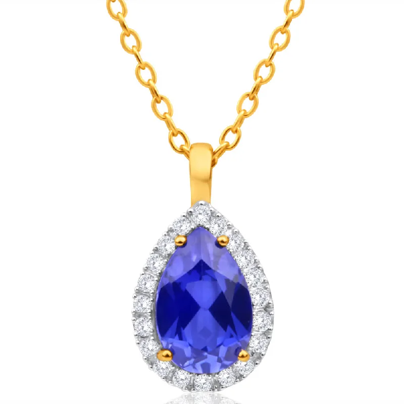 Special Deals On Handcrafted And Designer Jewelry 9ct Yellow Gold Created Sapphire + Cubic Zirconia Pendant