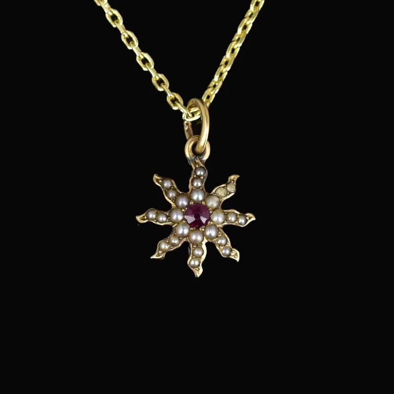 Antique 14K Gold Pearl Ruby Star Charm Pendant Necklace