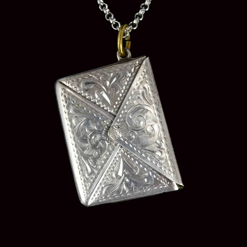 Antique Silver Engraved Envelope Stamp Holder Pendant Necklace