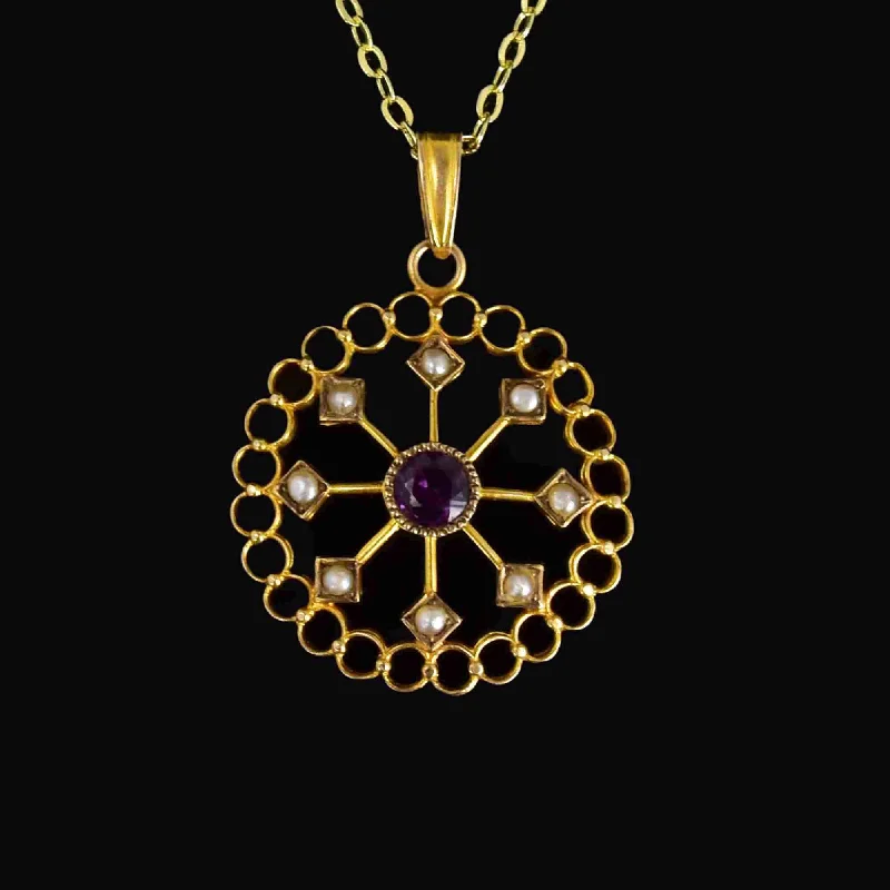 Art Nouveau 10K Gold Amethyst Seed Pearl Lavaliere Necklace