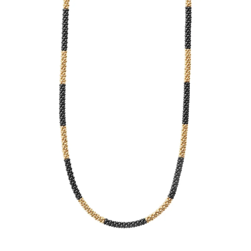 Black Caviar 18K Gold Large Station Ceramic Beaded Necklace | 3mm