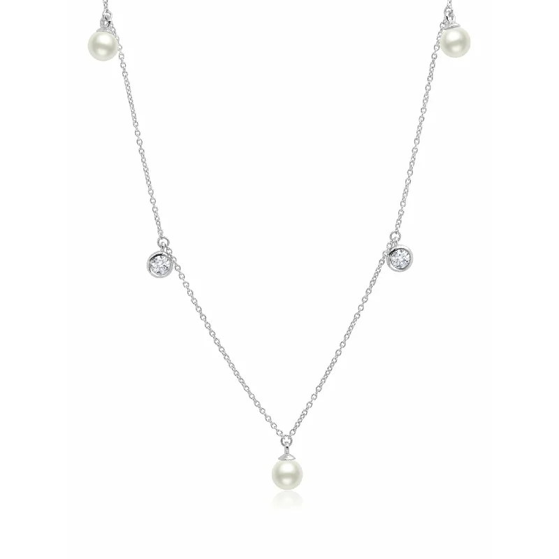 Timeless Jewelry At Special Discount Rates CRISLU Genuine Pearl 5 drop Necklace accented with Bezel Set  Cubic Zirconia In Pure Platinum