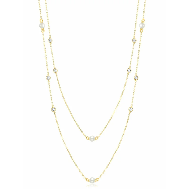 Chic And Stylish Jewelry At Exclusive Prices CRISLU Genuine Pearl 36" Multi Station Necklace with Bezel Set  Cubic Zirconia In 18k Gold Finish
