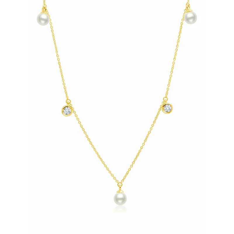 Exclusive Gemstone Jewelry At Special Prices CRISLU Genuine Pearl 5 drop Necklace accented with Bezel Set  Cubic Zirconia Finished in 18k Gold