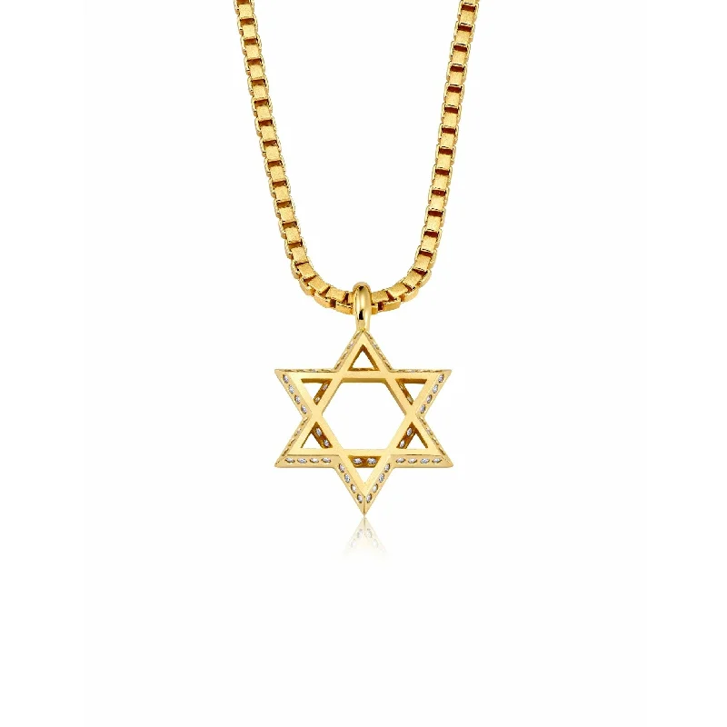 Special Sale On Handcrafted Jewelry – Shop Today CRISLU Mens Matte Box Chain Star of David Necklace with Baguette CZ In 18KT Yellow Gold