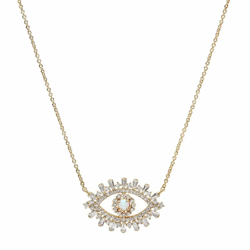 Affordable Luxury Jewelry For Every Occasion TAI   EVIL EYE NECKLACE WITH OPAL CENTER AND BAGUETTE CZ'S