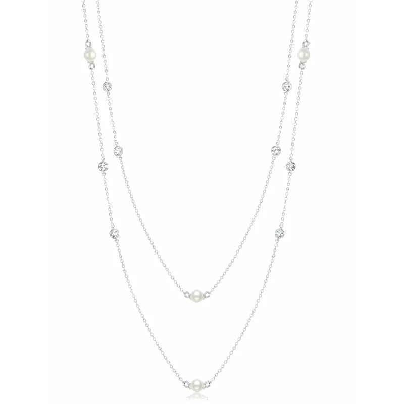 Elegant Jewelry Pieces At Unbelievable Prices CRISLU Genuine Pearl 36" Multi Station Necklace with Bezel Set  Cubic Zirconia In Pure Platinum