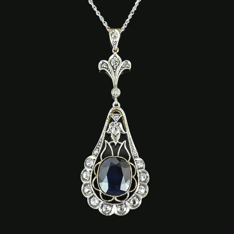 Edwardian Mine Cut Diamond 6.5 CTW Sapphire Pendant Necklace