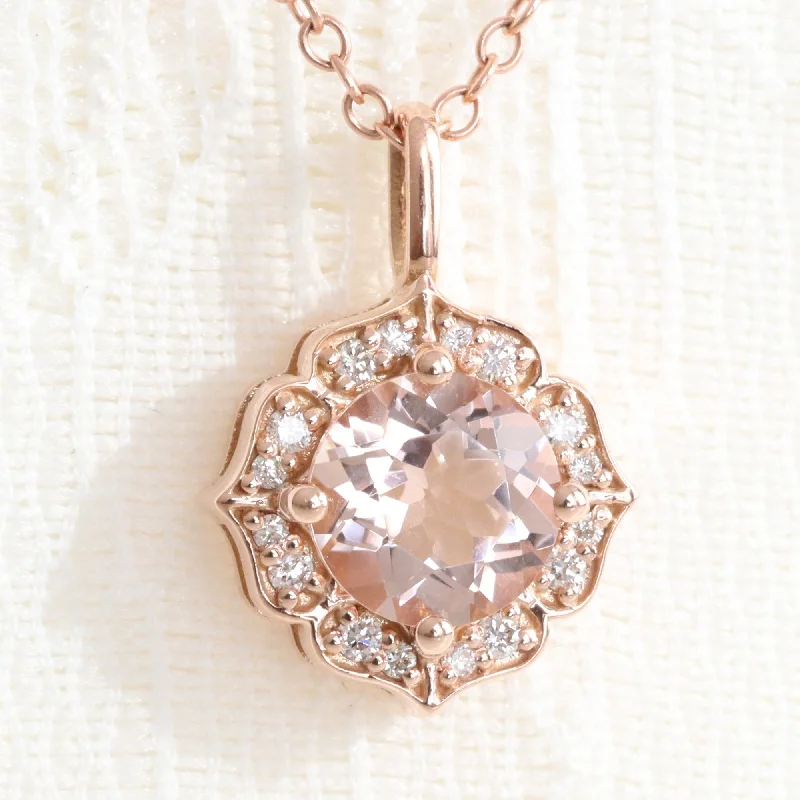 Jewelry Clearance Sale – Final Reductions Halo Diamond Morganite Necklace in 14k Gold Vintage Floral Pendant