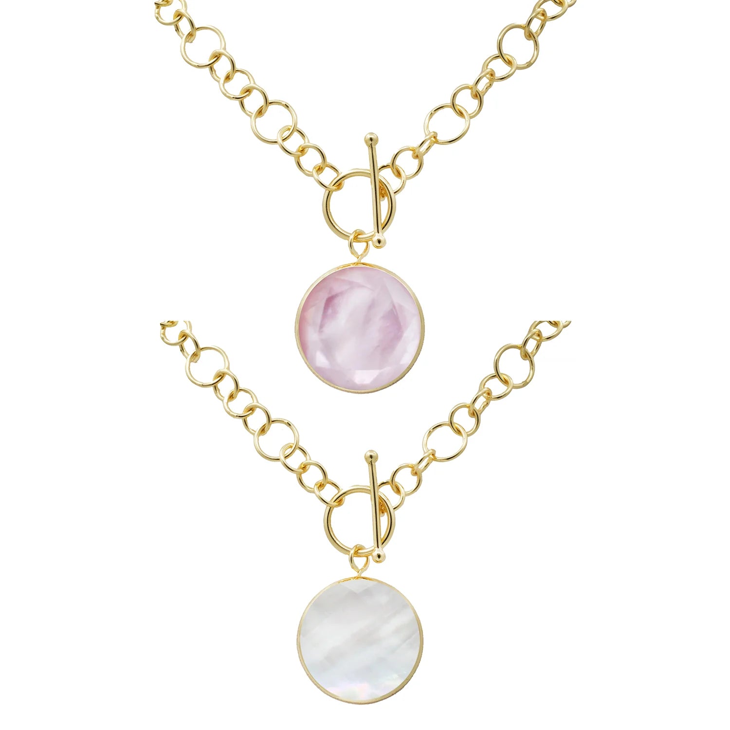 Discounted Jewelry For A Glamorous Look Marcia Moran Double Stone Toggle Necklace- Mother of Pearl & Rose Quartz