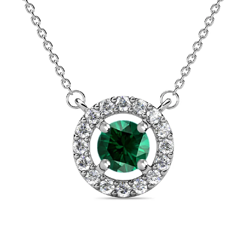 Royal 18k White Gold Plated May Birthstone Halo Necklace with Round Cut Emerald Swarovski Crystals