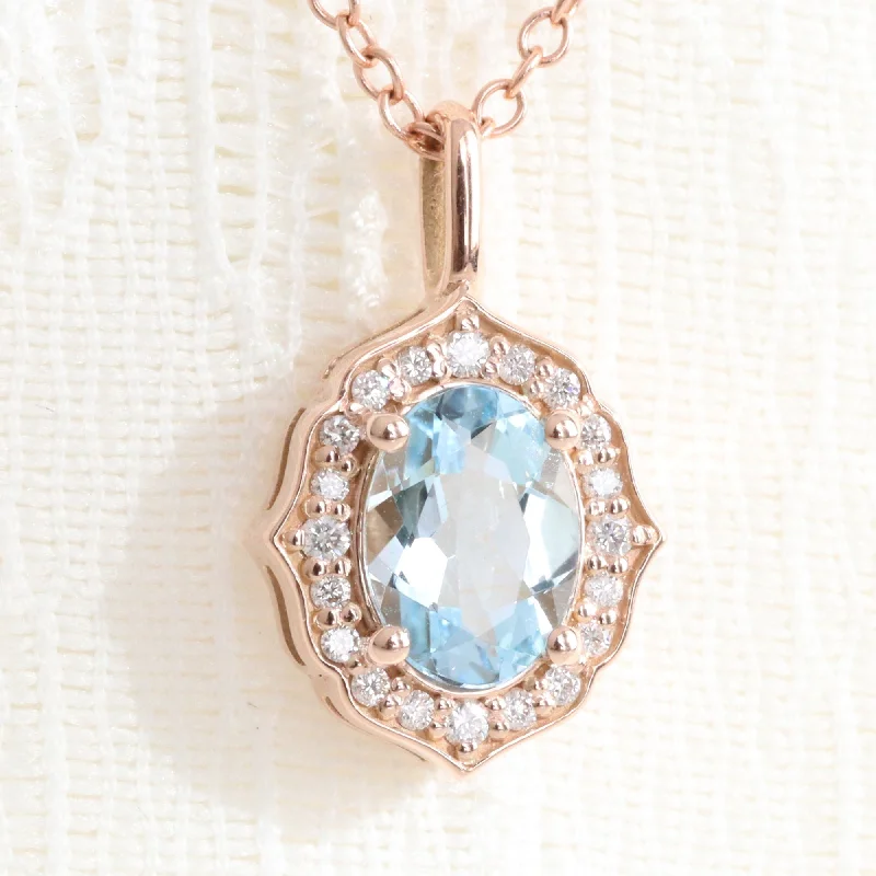 Handcrafted Jewelry Sale – Unique Designs At Low Prices Oval Aquamarine Diamond Necklace in 14k Gold Vintage Floral Halo Pendant