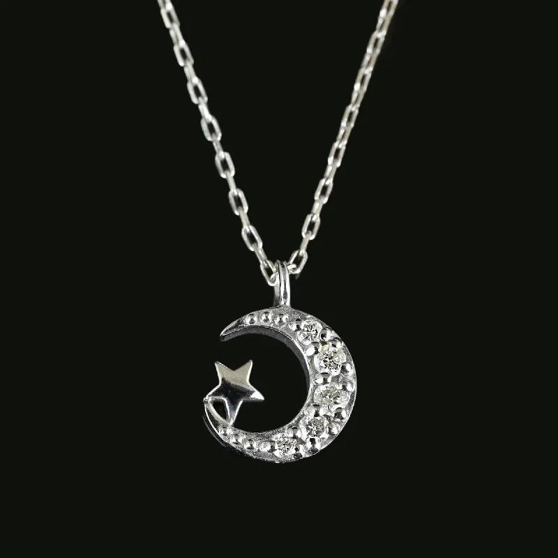 Petite Vintage Diamond Crescent Moon Star Pendant Necklace